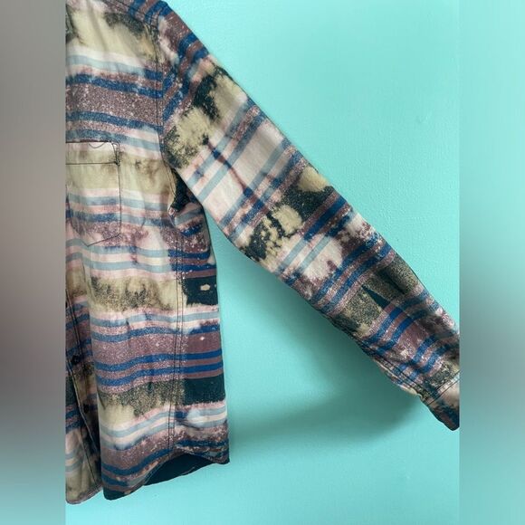 Upcycled Splatter Bleached Orange Navy Plaid Oversized Flannel Mens M - Picture 6 of 10